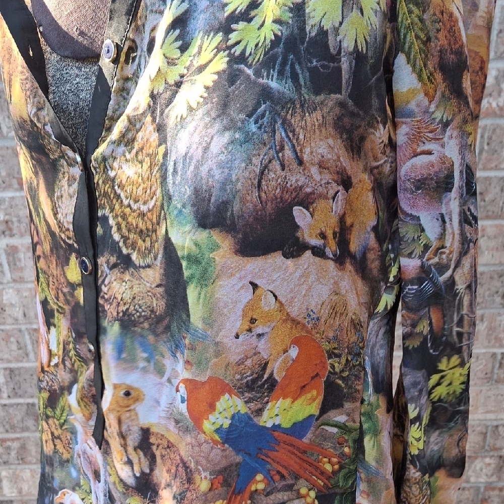 Yumi 6/8 Colorful Forest Gothica Style Print Button-Up Sheer TUNIC Shirt - Picture 5 of 12
